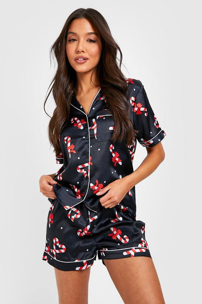 Women's Black Candy Cane Print Christmas Pyjamas