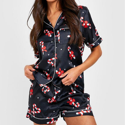 Women's Black Candy Cane Print Christmas Pyjamas