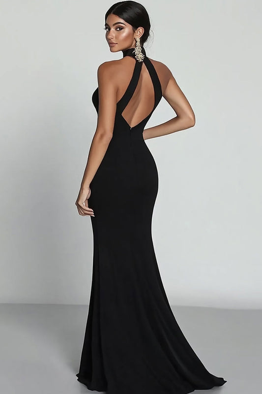 Women's Black Halter Mermaid Maxi Dress with Thigh Split