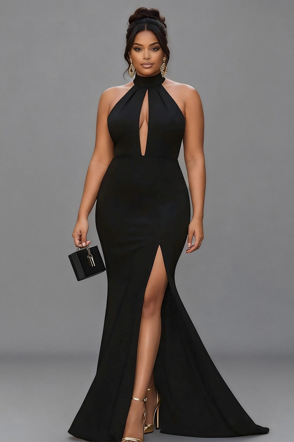 Women's Black Halter Mermaid Maxi Dress with Thigh Split