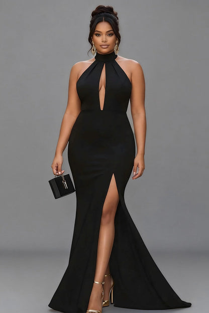 Women's Black Halter Mermaid Maxi Dress with Thigh Split
