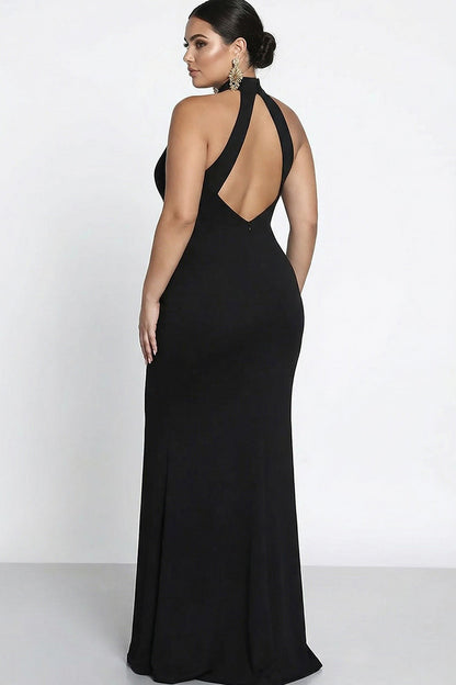 Women's Black Halter Mermaid Maxi Dress with Thigh Split