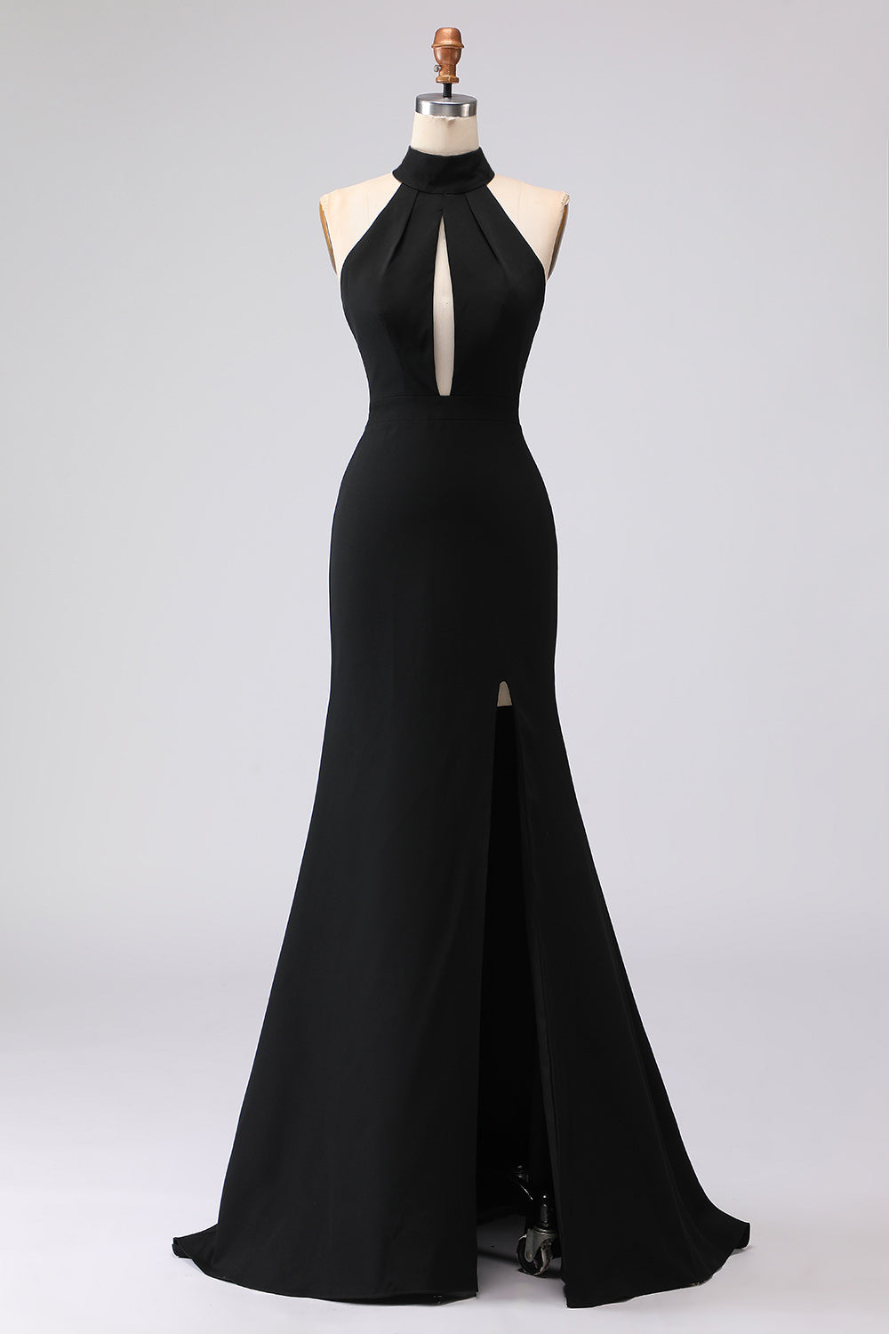 Women's Black Halter Mermaid Maxi Dress with Thigh Split