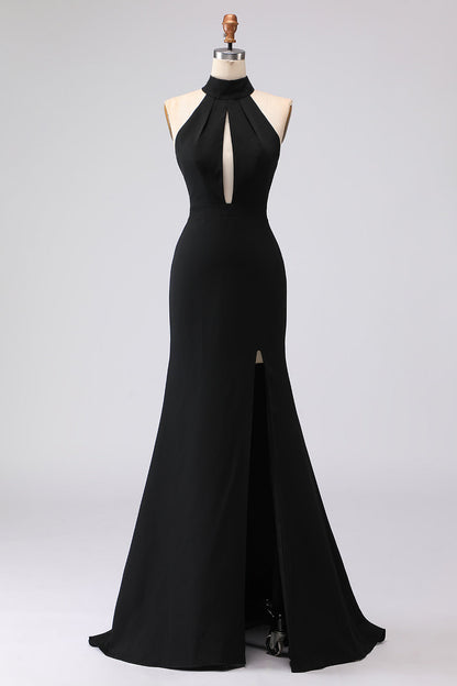 Women's Black Halter Mermaid Maxi Dress with Thigh Split