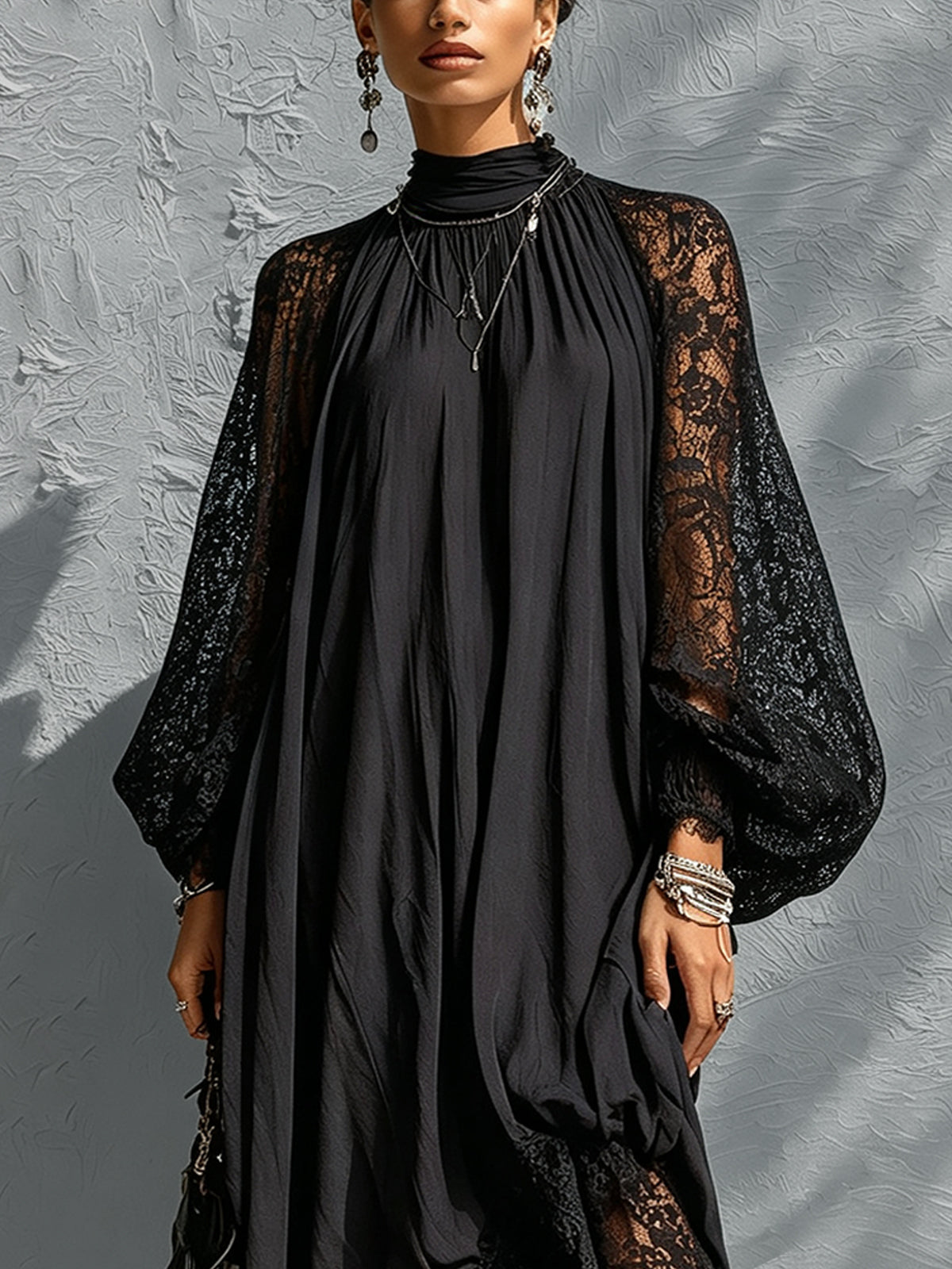 Women's Black High Neck Maxi Dress with Lace Sleeves