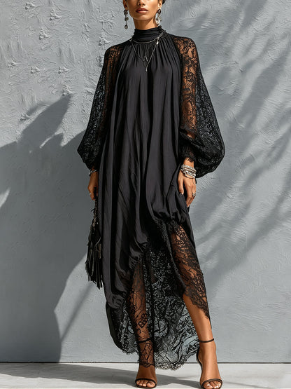 Women's Black High Neck Maxi Dress with Lace Sleeves