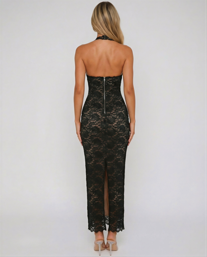 Women's Black Lace Halter Bodycon Maxi Dress for Formal Events