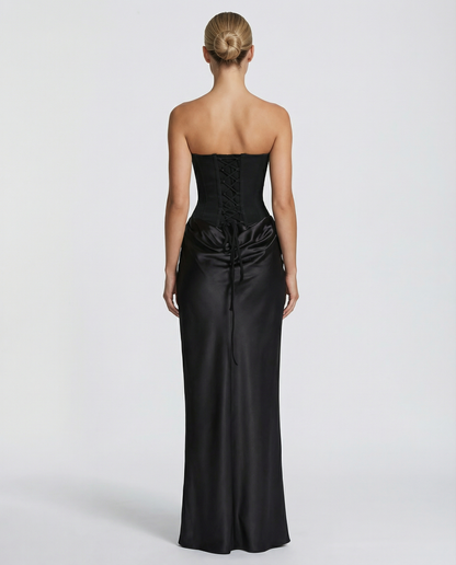 Women's Black Satin Corset Maxi Dress