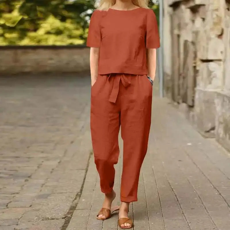 Women's Cropped Tie Waist Two-Piece Set