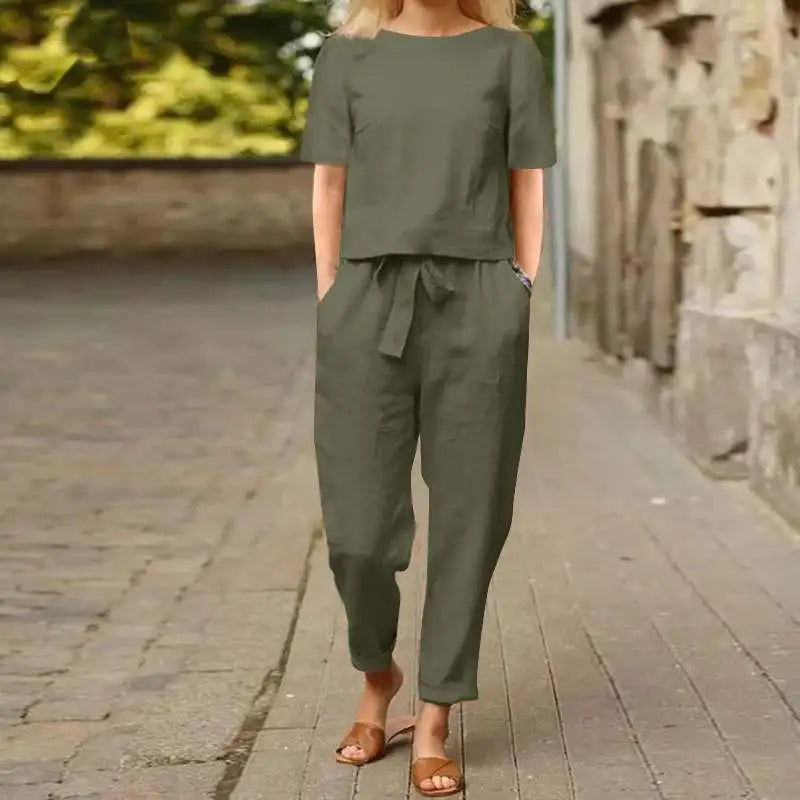 Women's Cropped Tie Waist Two-Piece Set