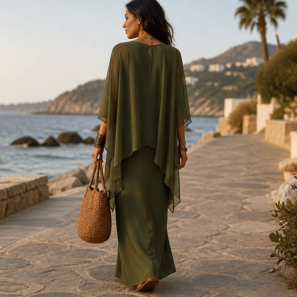 Women's Draped Maxi Dress with Cape Sleeves and Asymmetric Hem