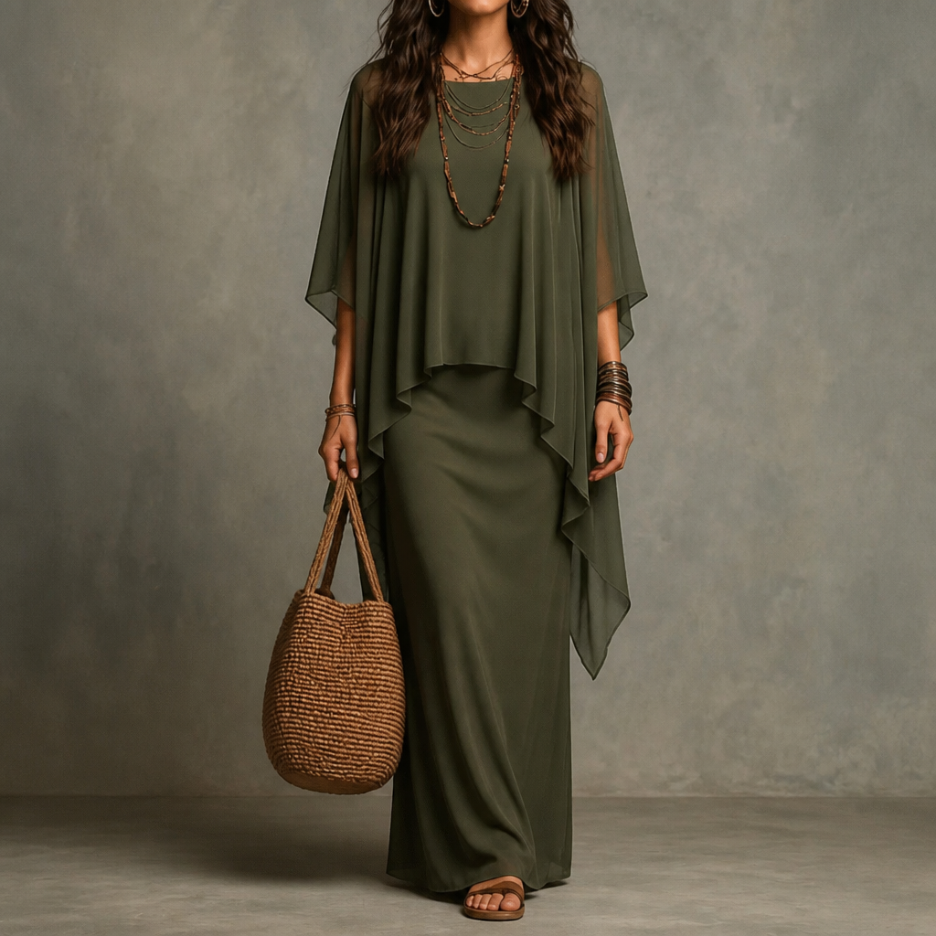 Women's Draped Maxi Dress with Cape Sleeves and Asymmetric Hem