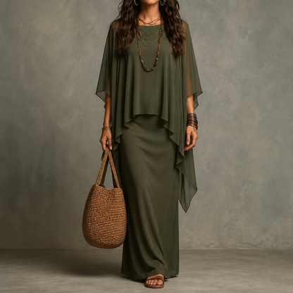 Women's Draped Maxi Dress with Cape Sleeves and Asymmetric Hem
