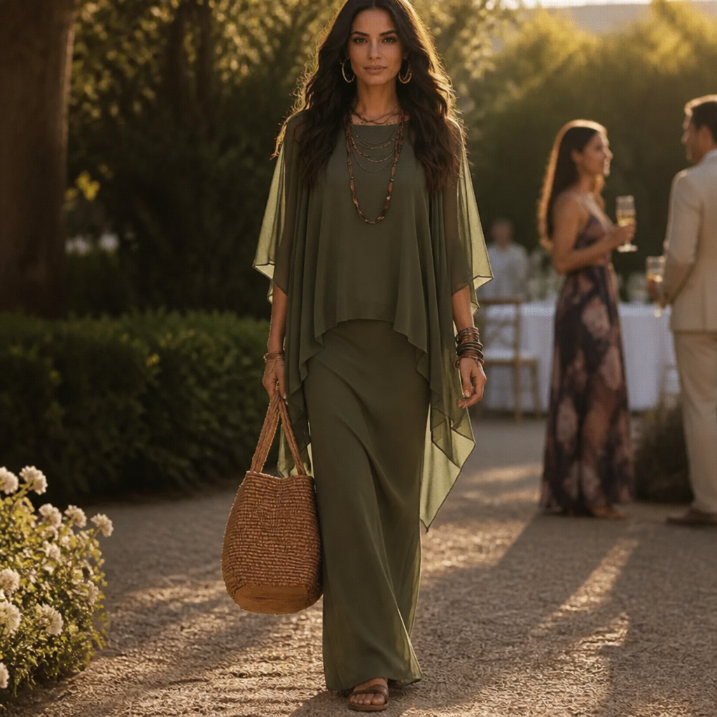 Women's Draped Maxi Dress with Cape Sleeves and Asymmetric Hem