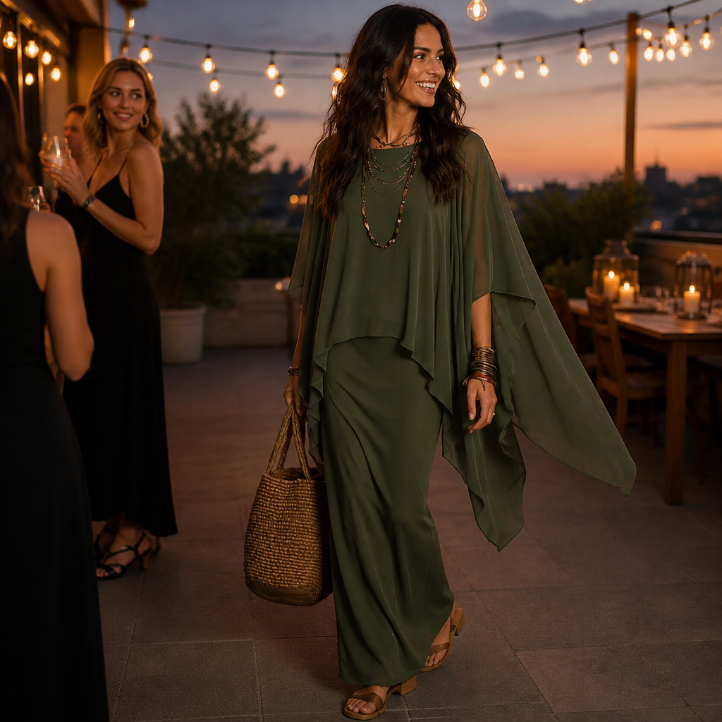 Women's Draped Maxi Dress with Cape Sleeves and Asymmetric Hem