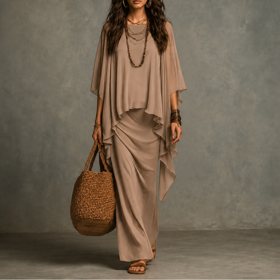Women's Draped Maxi Dress with Cape Sleeves and Asymmetric Hem