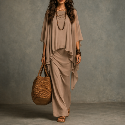 Women's Draped Maxi Dress with Cape Sleeves and Asymmetric Hem