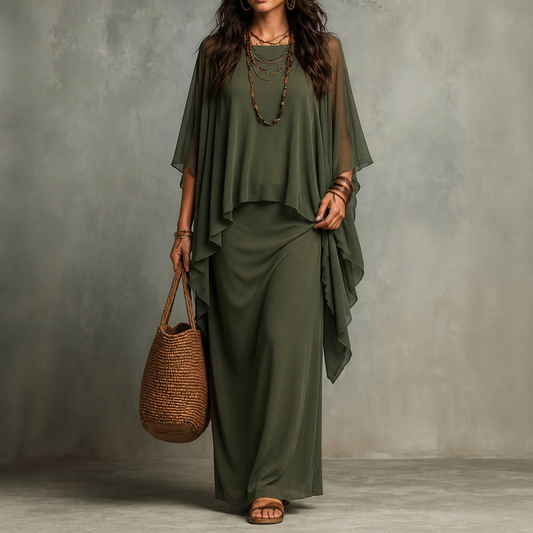 Women's Draped Maxi Dress with Cape Sleeves and Asymmetric Hem