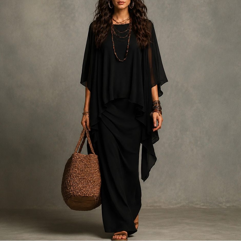 Women's Draped Maxi Dress with Cape Sleeves and Asymmetric Hem