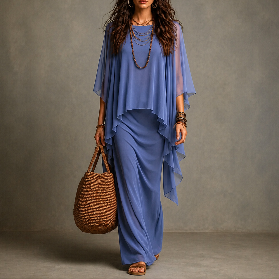 Women's Draped Maxi Dress with Cape Sleeves and Asymmetric Hem