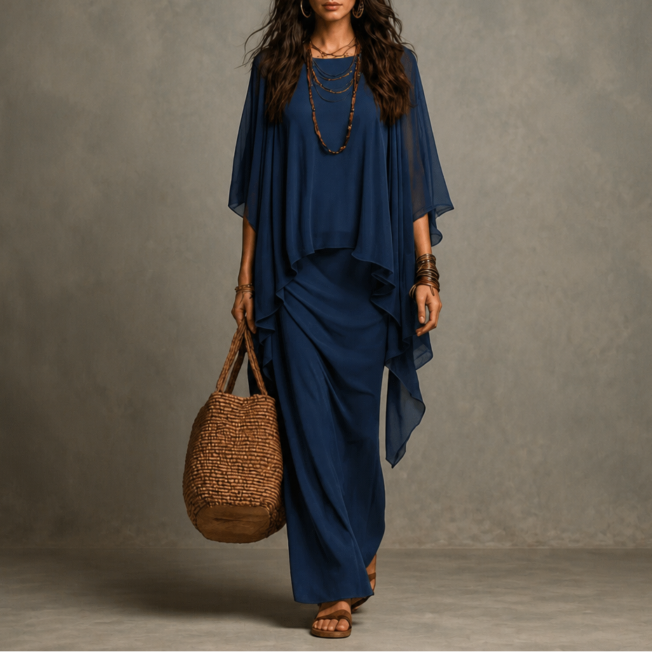 Women's Draped Maxi Dress with Cape Sleeves and Asymmetric Hem