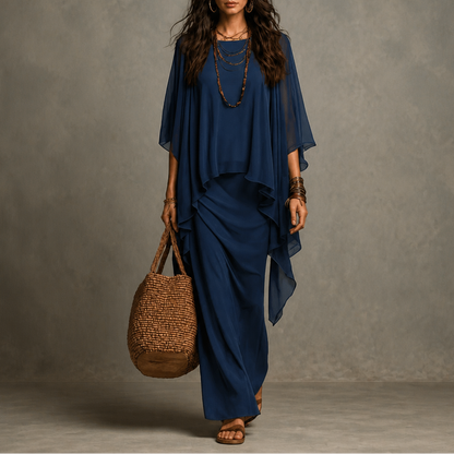 Women's Draped Maxi Dress with Cape Sleeves and Asymmetric Hem