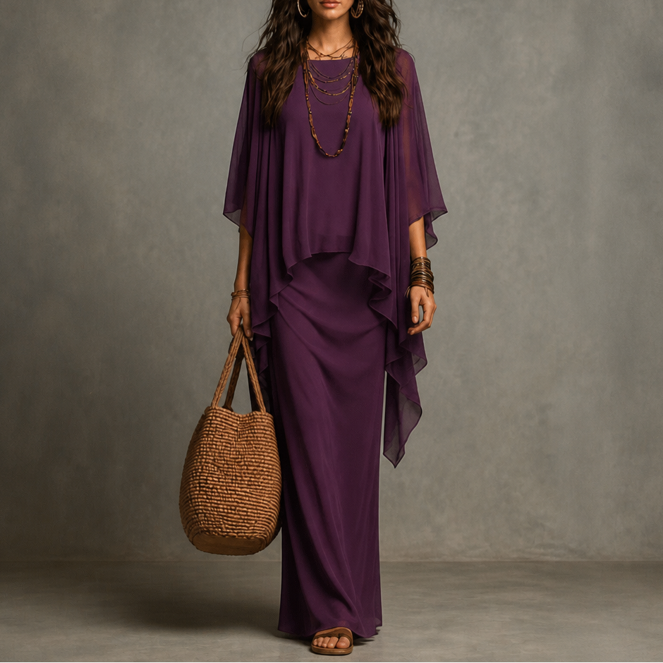 Women's Draped Maxi Dress with Cape Sleeves and Asymmetric Hem