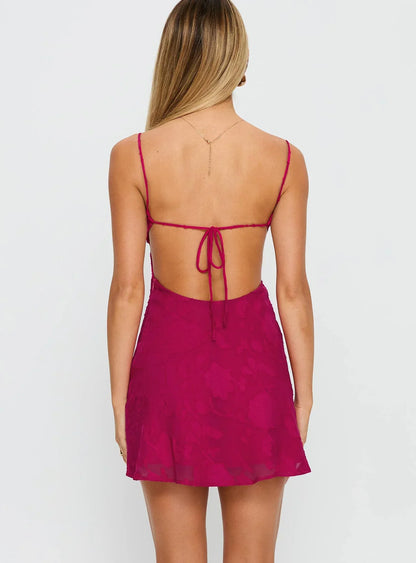 Women's Floral Cocktail Mini Dress in Hot Pink with Tie Back