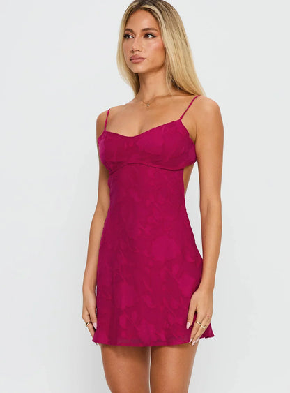 Women's Floral Cocktail Mini Dress in Hot Pink with Tie Back