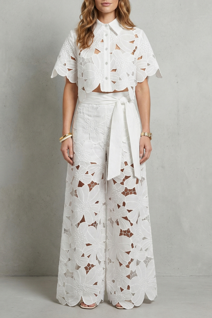 Women's Floral Lace Cutwork Crop Top & Wide-Leg Pants Set