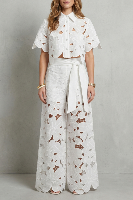Women's Floral Lace Cutwork Crop Top & Wide-Leg Pants Set