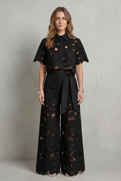 Women's Floral Lace Cutwork Crop Top & Wide-Leg Pants Set