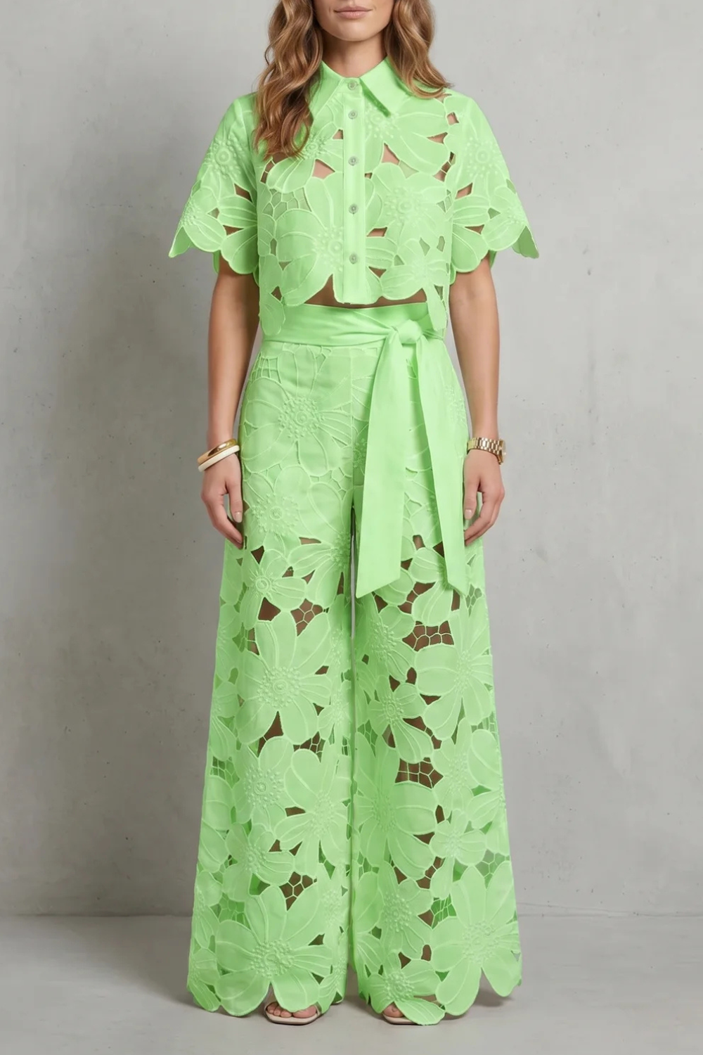 Women's Floral Lace Cutwork Crop Top & Wide-Leg Pants Set