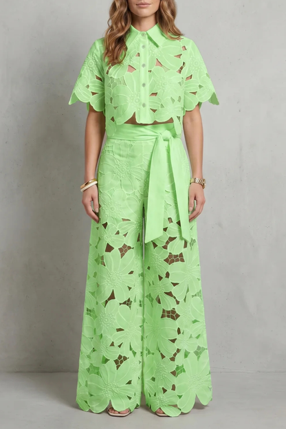 Women's Floral Lace Cutwork Crop Top & Wide-Leg Pants Set