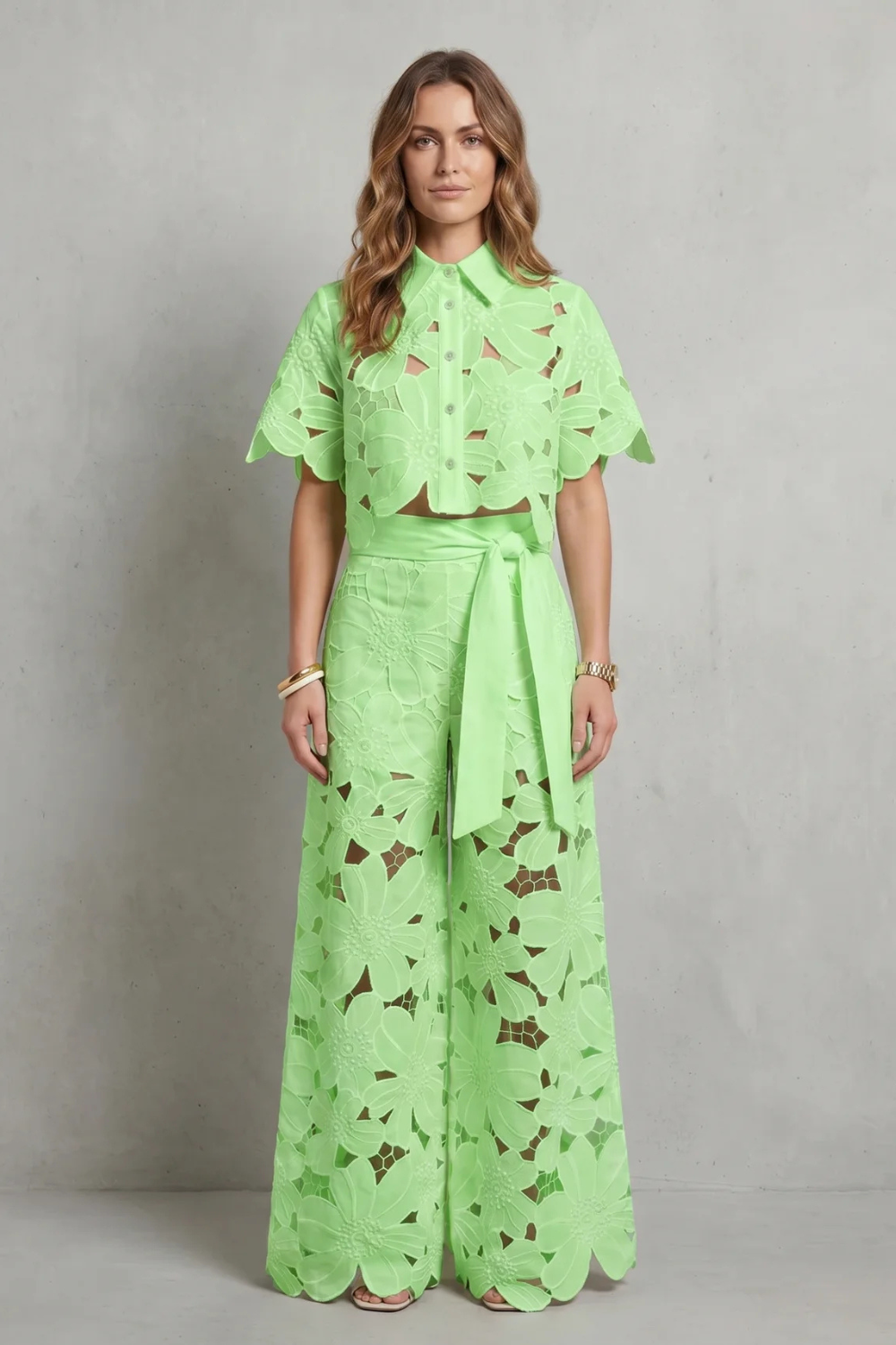Women's Floral Lace Cutwork Crop Top & Wide-Leg Pants Set