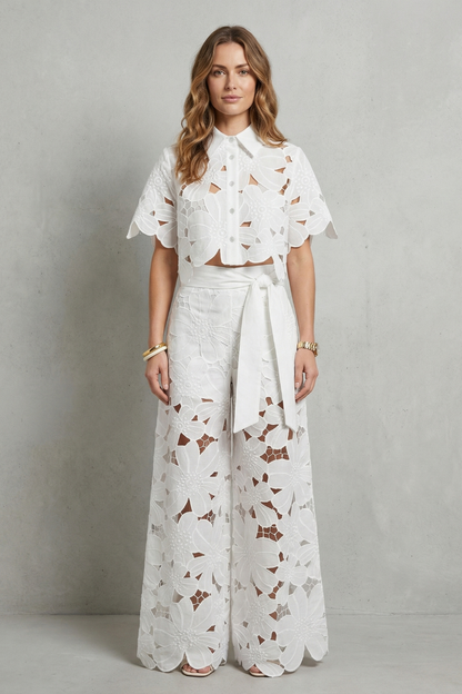 Women's Floral Lace Cutwork Crop Top & Wide-Leg Pants Set