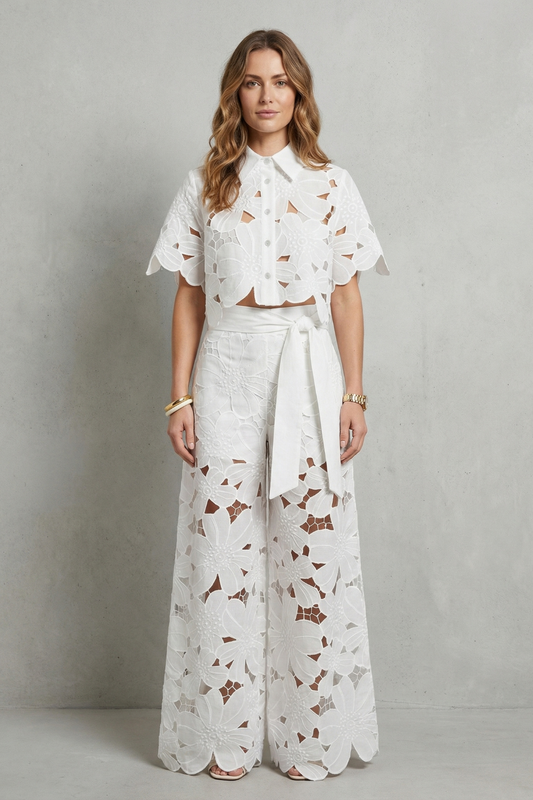 Women's Floral Lace Cutwork Crop Top & Wide-Leg Pants Set