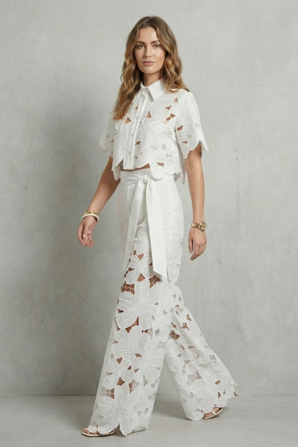Women's Floral Lace Cutwork Crop Top & Wide-Leg Pants Set