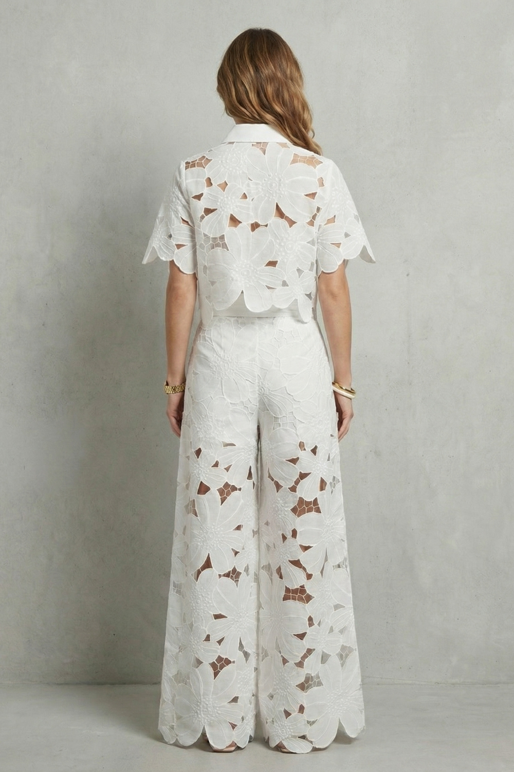 Women's Floral Lace Cutwork Crop Top & Wide-Leg Pants Set