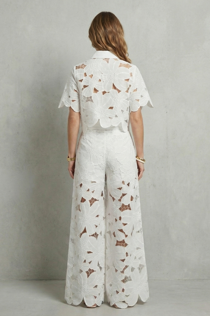 Women's Floral Lace Cutwork Crop Top & Wide-Leg Pants Set