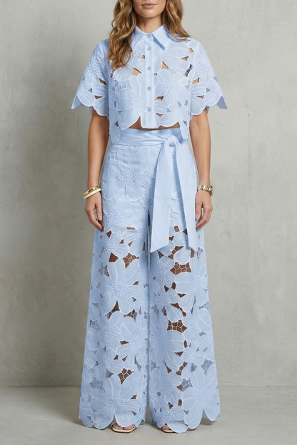 Women's Floral Lace Cutwork Crop Top & Wide-Leg Pants Set