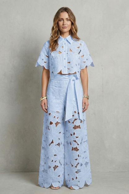 Women's Floral Lace Cutwork Crop Top & Wide-Leg Pants Set