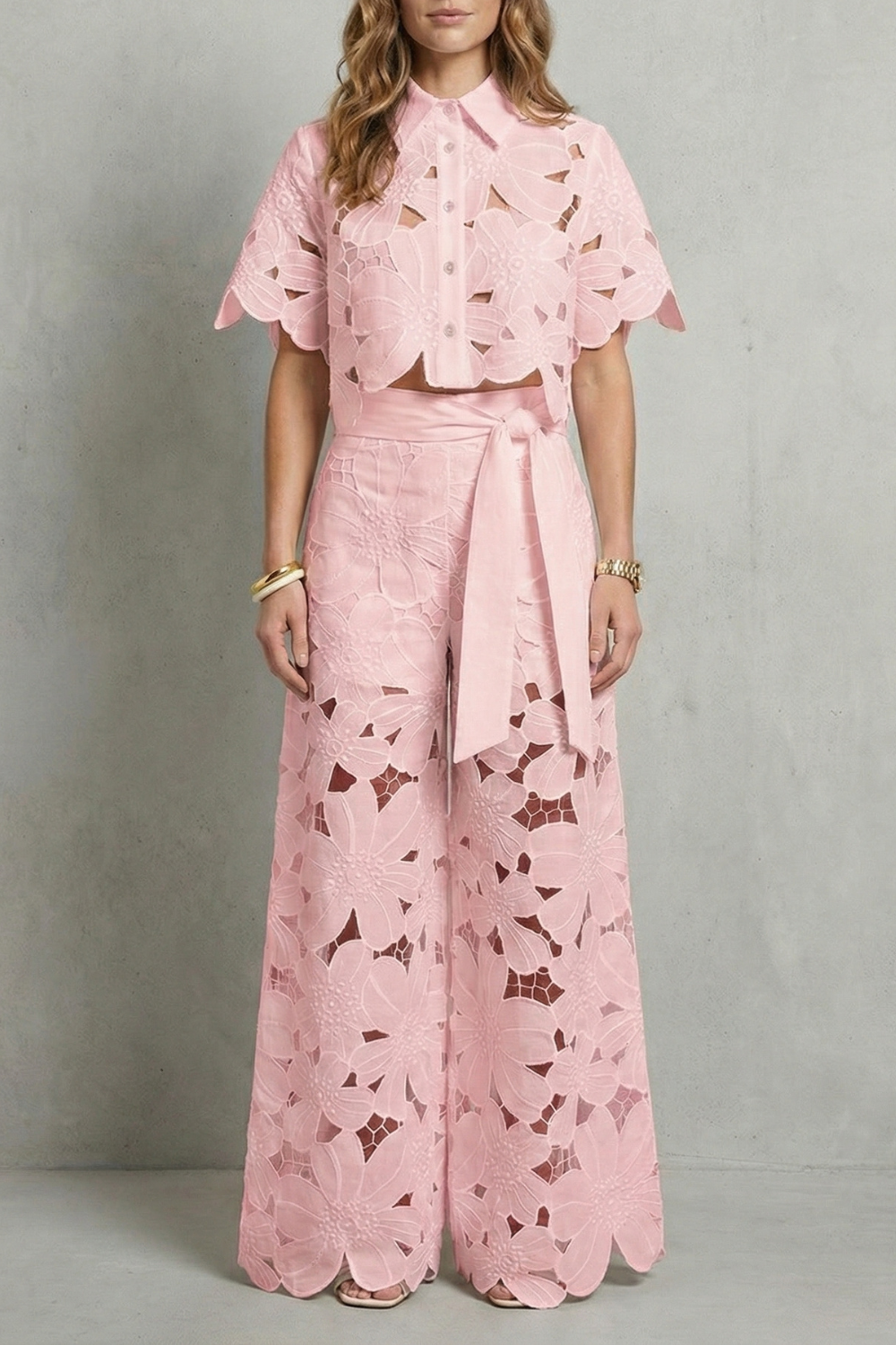 Women's Floral Lace Cutwork Crop Top & Wide-Leg Pants Set