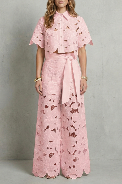 Women's Floral Lace Cutwork Crop Top & Wide-Leg Pants Set