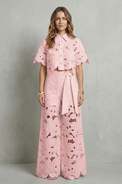 Women's Floral Lace Cutwork Crop Top & Wide-Leg Pants Set