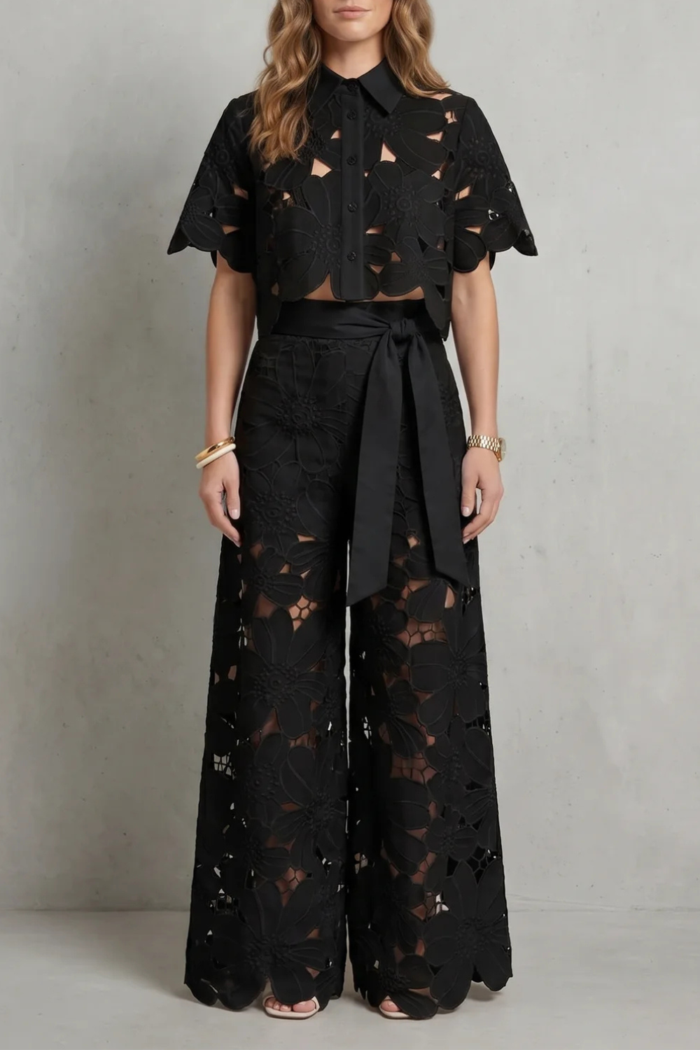 Women's Floral Lace Cutwork Crop Top & Wide-Leg Pants Set