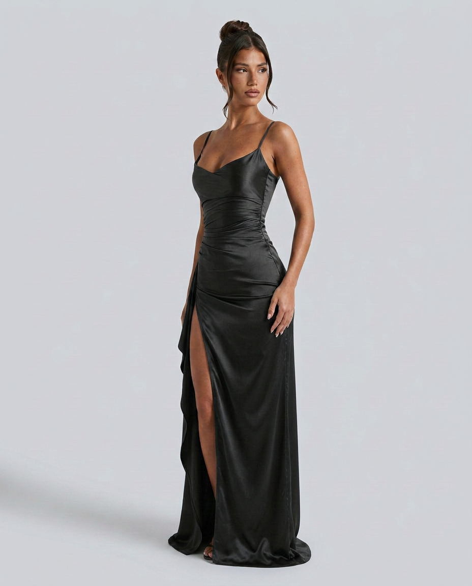 Women's Formal Satin Maxi Dress with Cowl Neck and Thigh Split