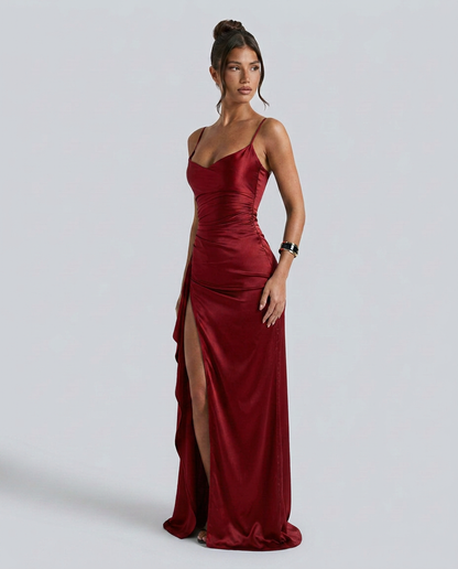 Women's Formal Satin Maxi Dress with Cowl Neck and Thigh Split