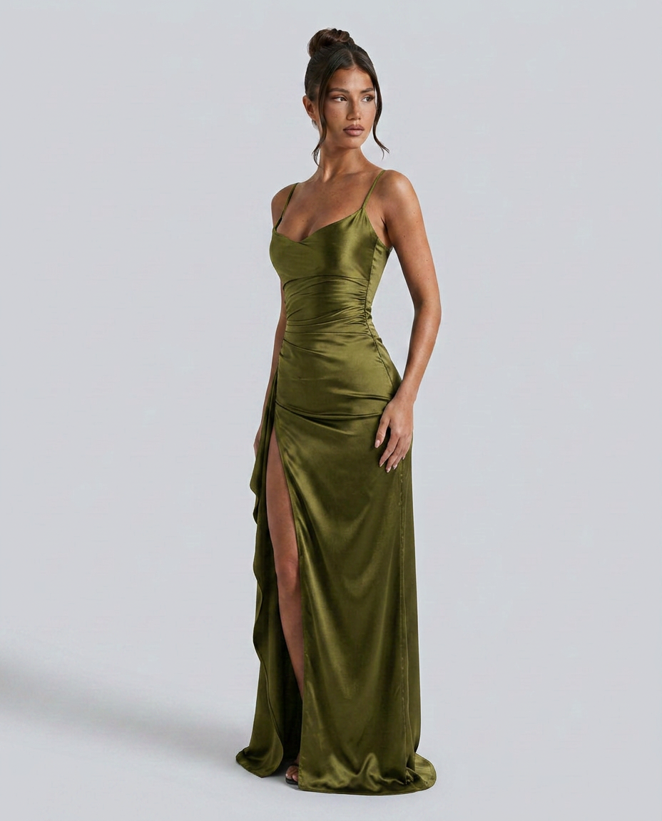 Women's Formal Satin Maxi Dress with Cowl Neck and Thigh Split