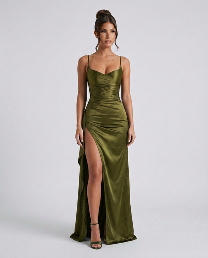Women's Formal Satin Maxi Dress with Cowl Neck and Thigh Split